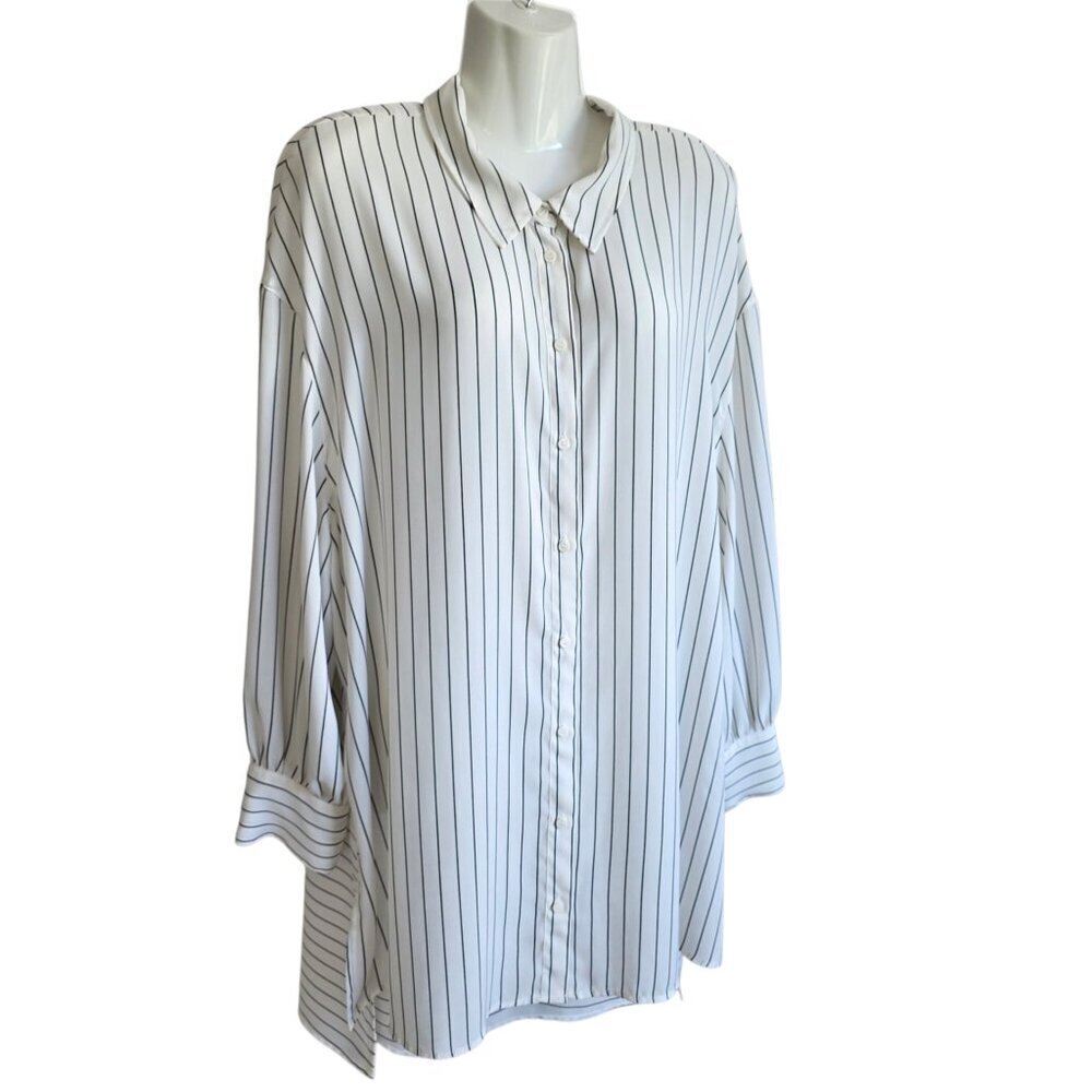 WORTHINGTON WHITE/BLACK STRIPED DROP TAIL BUTTON-DOWN TOP 1X
